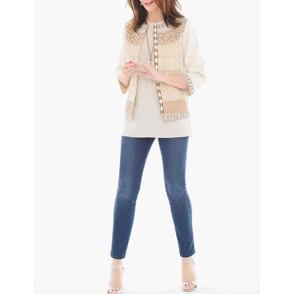 CHICO'S Women’s Embellished Jacket Tan Beige Embroidered‎ 3/4 Sleeves Size 2